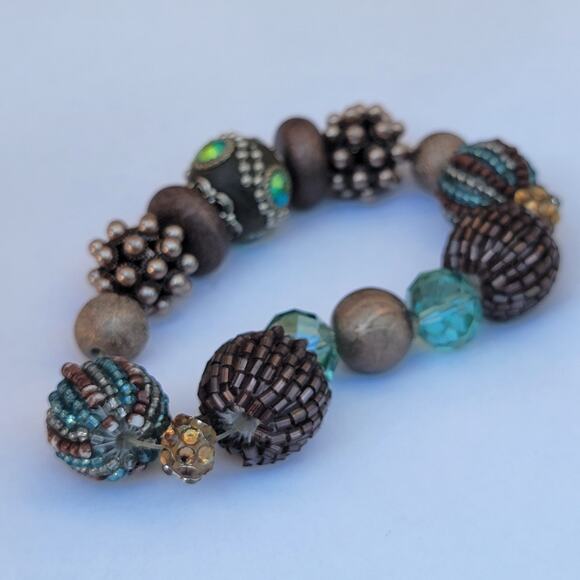 Vintage beaded bracelet 50s crystal pearl bronze glam chunky statement - Picture 2 of 10